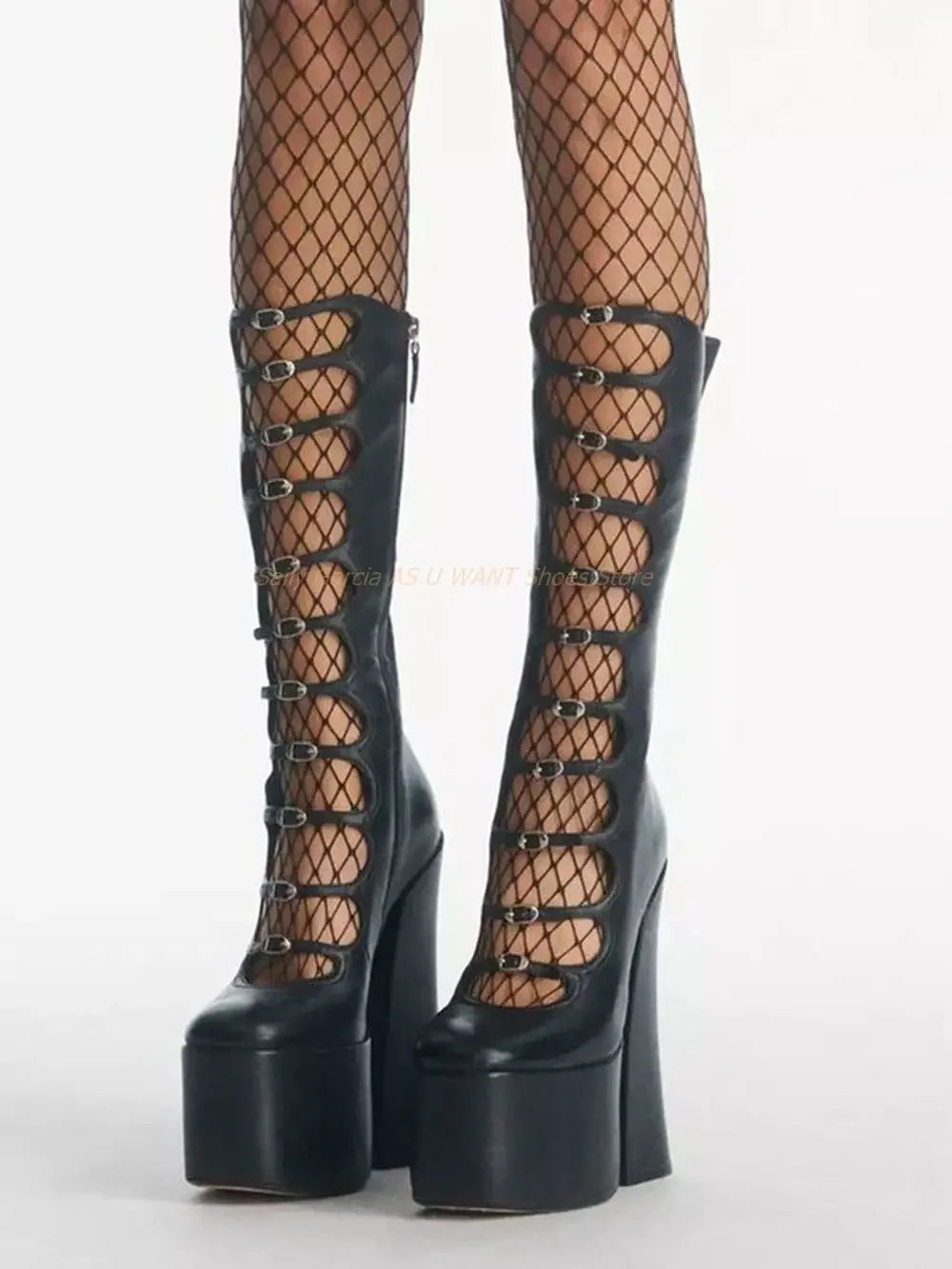 Platform Strappy Chunky Sandals Solid Thick Women Summer Boots Sexy Party Women Shoes Metal Button Fashion Leather Shallow