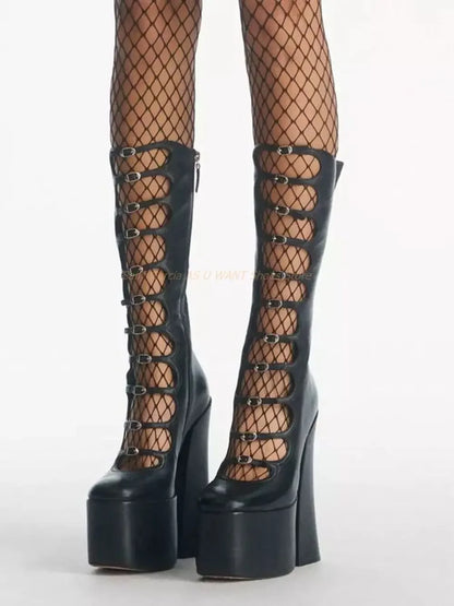 Platform Strappy Chunky Sandals Solid Thick Women Summer Boots Sexy Party Women Shoes Metal Button Fashion Leather Shallow