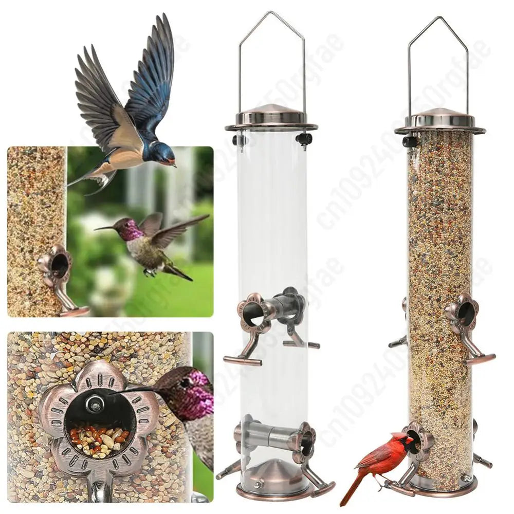 Metal Bird Feeders with 4 Feeding Ports Hanging Bird Seed Feeder Weather Resistant Tubular Bird Food Dispenser For Birds Feeding