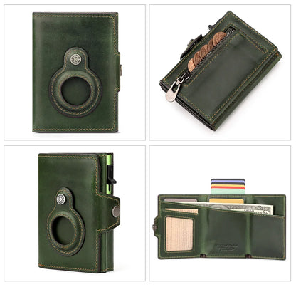 Cowhide Leather Men's Wallet RFID Blocking Protect Cardholder Automatic Card Case for Women with Apple AirTag Holder