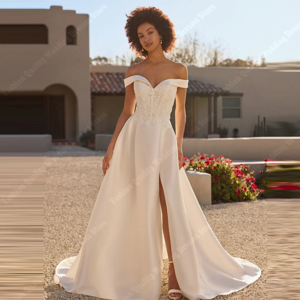 Beautiful Women Wedding Dresses Beautiful Off Shoulder A-Line Princess Prom Bride Gowns Formal Party Sleeveless Robe Customized