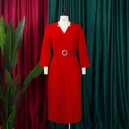 Office Dresses for Women V Neck Full Sleeve Belt Waisted Pleated Mid Calf Elegant Female Business Work Wear Dress Midi Cloth New