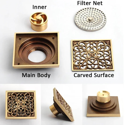 Antique Euro Square Floor Drains Deodorant Floor Drain Strainer Cover Brass Shower Hardware Bathroom Accessories Floor Drain