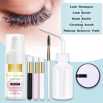 Lash Extension Shampoo 100ml Women Foam Mousse Eyelash Rinse Bottle Lashes Shampoo and Makeup Remover Pads with Brush 7pcs/Set