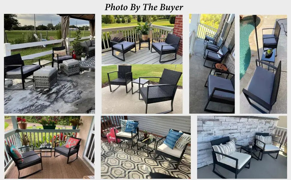 3 Pieces Patio Furniture Set Rocking Bistro Set Outdoor Rattan Conversation with Coffee Table for Garden Balcony Backyard