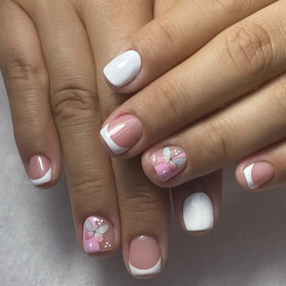Pink French Style False Nails White Flower Printed Short Square Head Press on Nails Simple Wearable Artificial Nails Art 24Pcs
