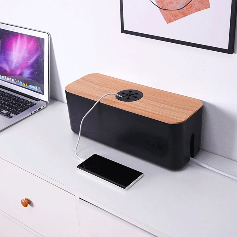 Socket Cable Organizer Box Wooden Style Cord Storage Case Dustproof Charging Data Cable Management Device for TV Wires/Computer