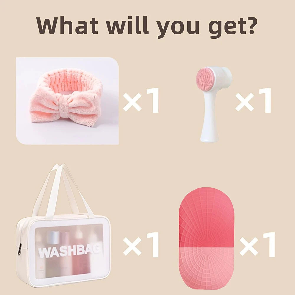 4-Piece Skin Care Gift Set: Ice Roller, Coral Fleece Headband, Makeup Bag and Cleansing Brush - Beauty Tools, Headband