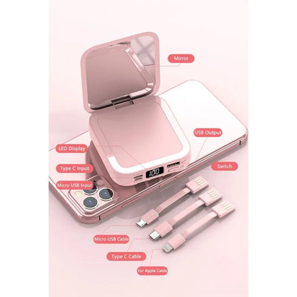 New Mini power bank 20000mAh with makeup mirror, fast charging, portable charger, power bank with cable, mobile phone power bank