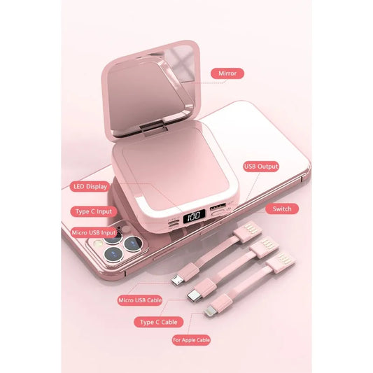 New Mini power bank 20000mAh with makeup mirror, fast charging, portable charger, power bank with cable, mobile phone power bank