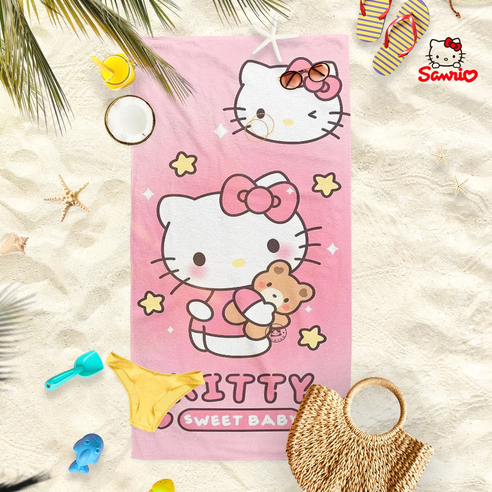 Adorable Cartoon-Printed Beach Towels: PomPomPuu, Pochacco, Cinnamo, and Kitty Designs! Suitable for towels, bath towels