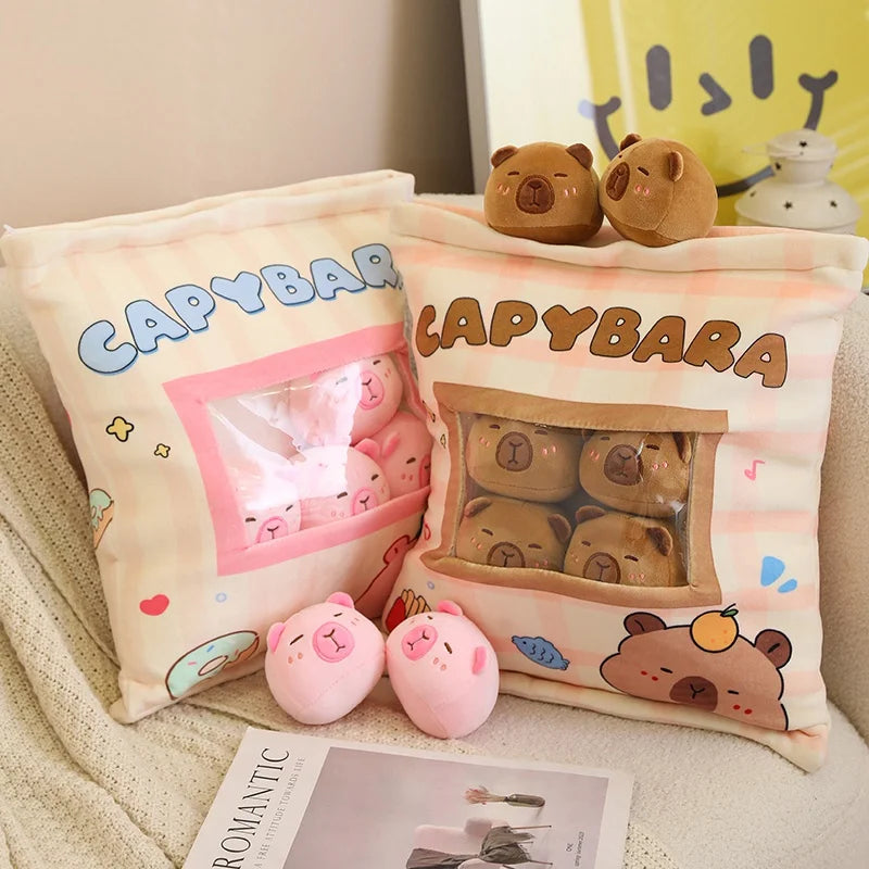 A Plushies Bag Pudding Toys Puff Balls Mini Cute Stuffed Animal Capybara Doll Removable Set Plush Pillow Snack Cushion Kids Gift