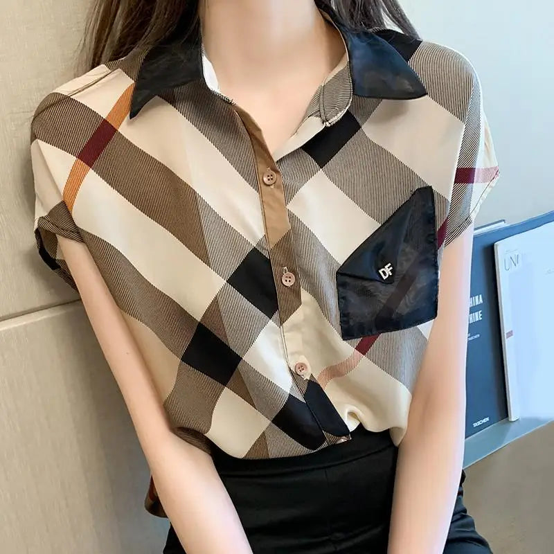 Office Wear Short Sleeve Chiffon Casual Pretty and Cheap Women's Blouses Korean Plaid Youth Woman Buttoned Shirts Trends Top Hot