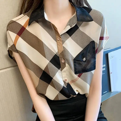 Office Wear Short Sleeve Chiffon Casual Pretty and Cheap Women's Blouses Korean Plaid Youth Woman Buttoned Shirts Trends Top Hot