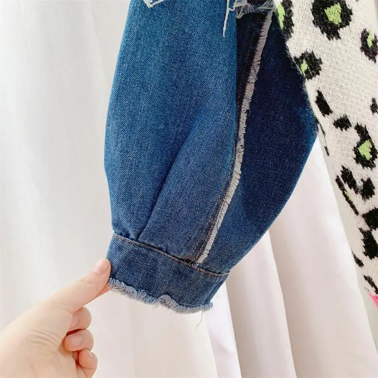 Joskaa Women Knitted Oversized Sweaters Y2k Denim Patchwork Leopard V-neck Long Sleeve Cardigans Coat Female Outwear Streetwear