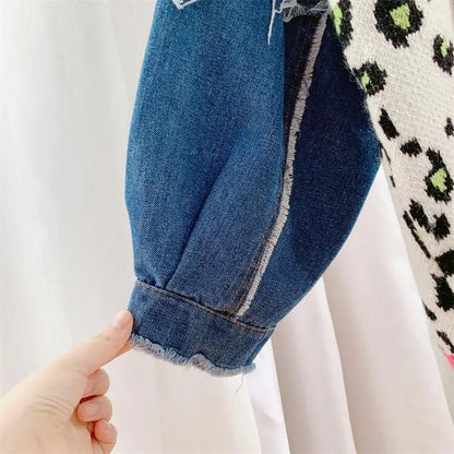 Joskaa Women Knitted Oversized Sweaters Y2k Denim Patchwork Leopard V-neck Long Sleeve Cardigans Coat Female Outwear Streetwear