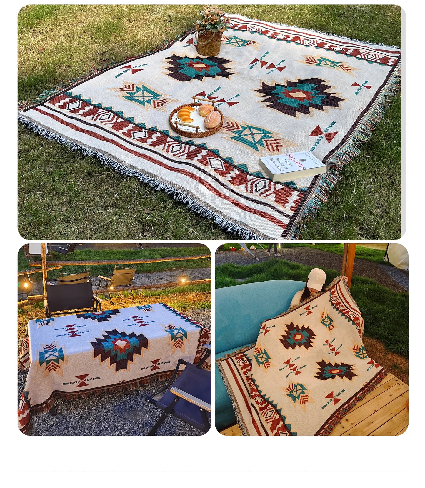 Aztec Blanket, Oversized Boho Throw Blanket with Fringe, Southwestern Geometric Tapestry Vintage Woven Throw Blankets, Double-Si