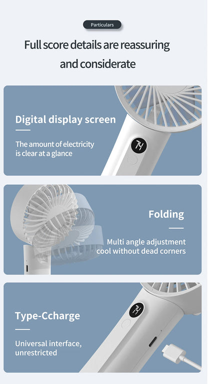 Portable Handheld Fan, Fan 6 Speed Wind LED Display Personal Mini Travel Fan  Hand Held Fan USB Foldable Electric Fan