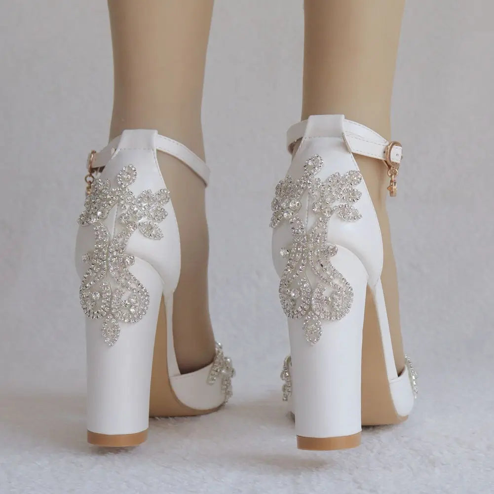 2025 Thick Heel Pointed Toe Shoes Large Size  Thick Heel Sandals Women Rhinestone Wedding Shoes Women White Wedding Shoes Drill