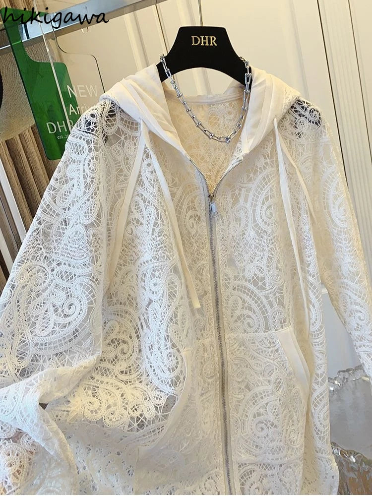 Oversized Tops Temperament Coat Women's Clothing Hooded Lace Hollow Out Outwear 2025 Ropa Mujer Casual Summer Fashion Jackets