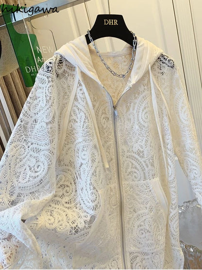 Oversized Tops Temperament Coat Women's Clothing Hooded Lace Hollow Out Outwear 2025 Ropa Mujer Casual Summer Fashion Jackets