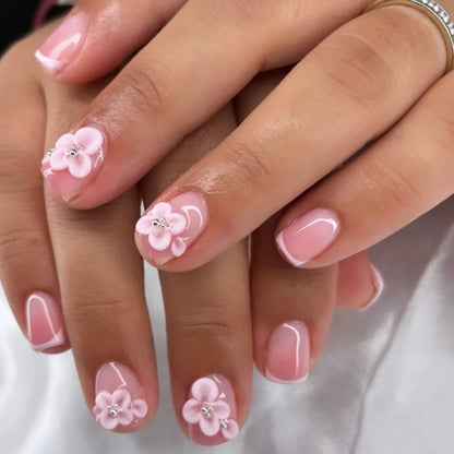 24pcs Blush Pink French Press On Nails Hand-painted White Flower Gold Ball Designs Fake Nail Short Square Korean False Nail Tips