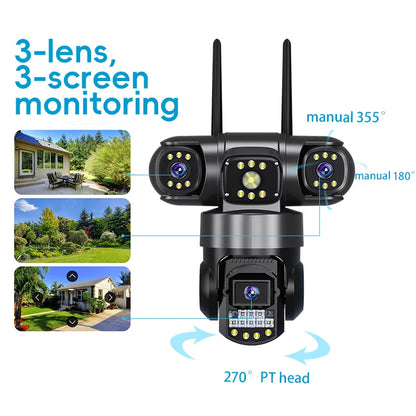CCTV 3 Lens Video Surveillance Camera Wifi Network Camera 4G SIM Card Wireless 360 Monitor Outdoor Waterproof Security Cameras