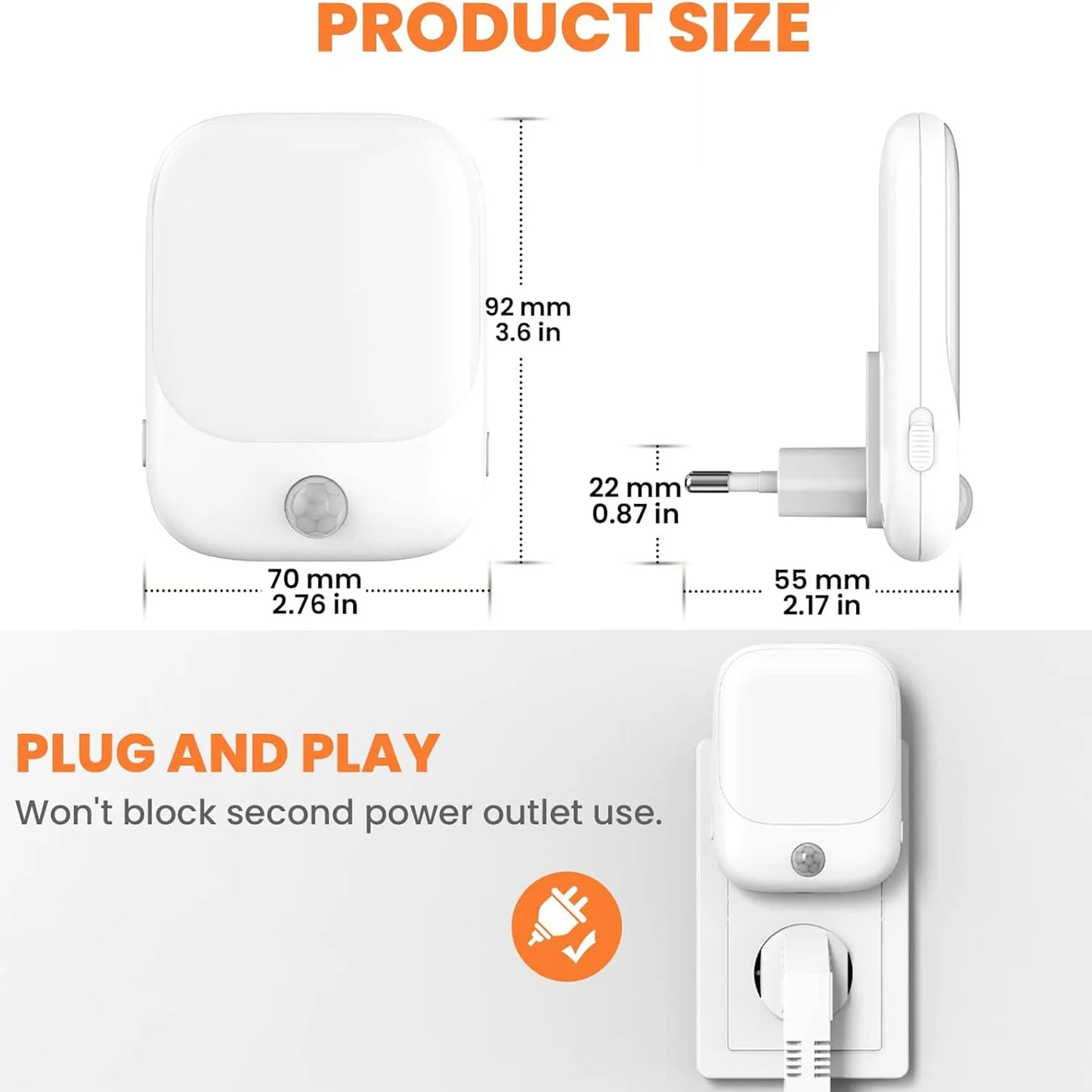 Smart LED Night Light with Sensor, Adjustable Brightness, Suitable for Bedroom, Bathroom, Corridor, Staircase, Kitchen - Plug-in