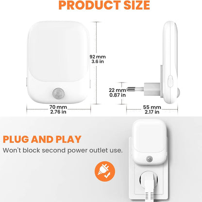 Smart LED Night Light with Sensor, Adjustable Brightness, Suitable for Bedroom, Bathroom, Corridor, Staircase, Kitchen - Plug-in