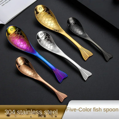304 stainless steel spoon spoon creative fish-shaped cartoon fish spoon dessert spoon rice spoon gold-plated  stirring spoons