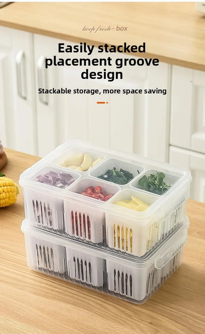 Six Grid Refrigerator Crisper Storage Containers Fridge Fresh Vegetable Fruit Boxes Drain Basket Kitchen Organizer Tools