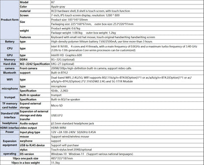 7 Inch Mini Laptop N100 Notebook IPS Touch Screen Portable Netbook Win 11 Pro Mini PC Micro Computer Bluetooth 4.2 16G 1TB