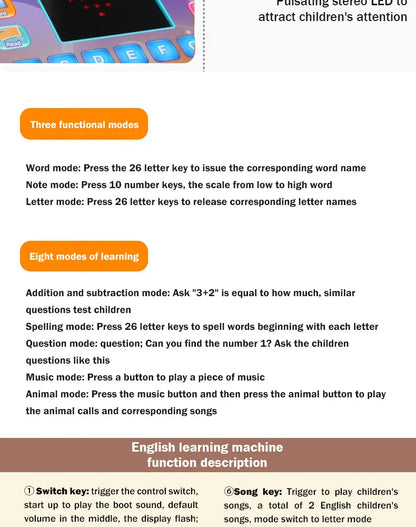 English Early Education Tablet Learning Machine with Functional Generate Sound and Light Touch Screen Tablet Toys for Kids