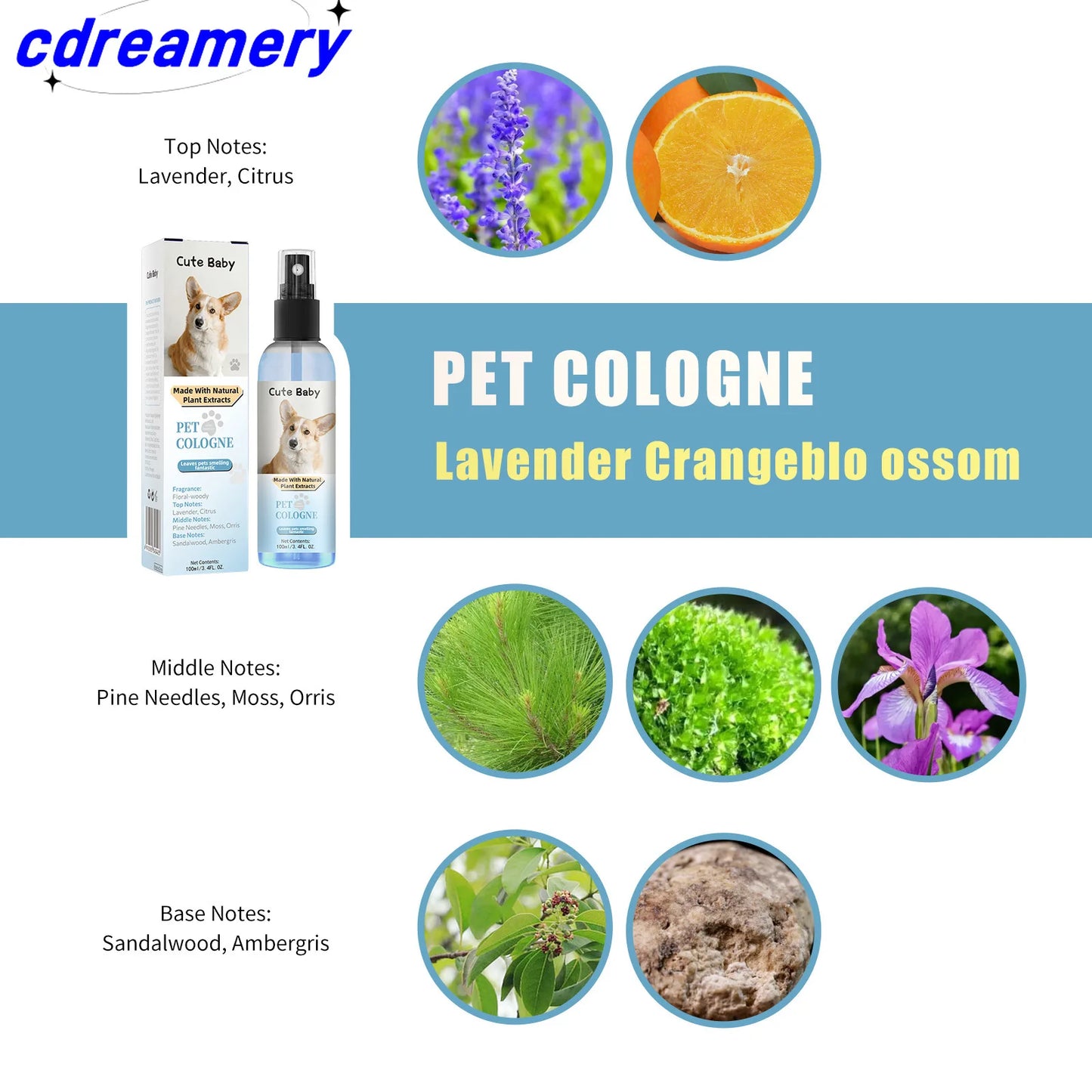 CDY 100ml Pet Perfume Spray for Cats and Dogs, Odor Eliminator and Air Freshener with Long-lasting Fragrance