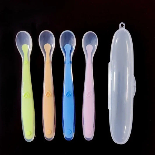 Baby Feeding Spoons Training Children Infant Temperature Sensoning Food Grade Flatware Tableware Cutlery Silicone Spoon With Box