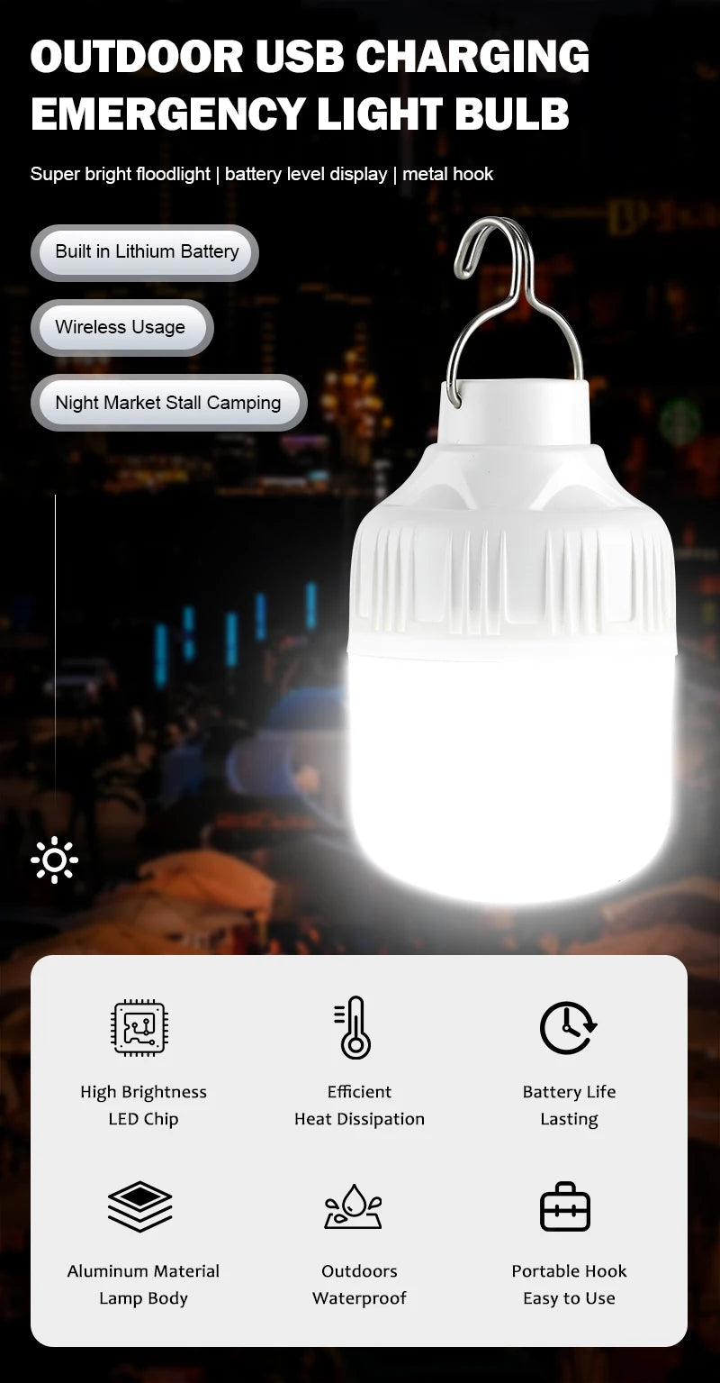 Outdoor USB Rechargeable LED Lamp Bulbs High Brightness Emergency Light Hook Up Camping Fishing Portable Lantern Night Lights