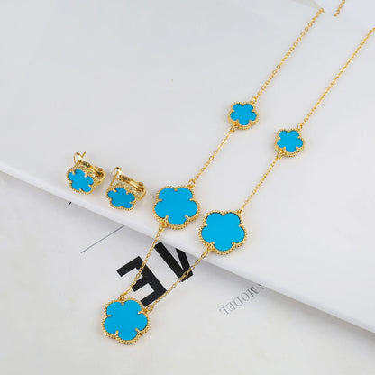 Irregular New Double Sided Natural Stone Shell Plant Five Leaf Flower Jewelry Set Necklace Earrings Women's High Quality Clover