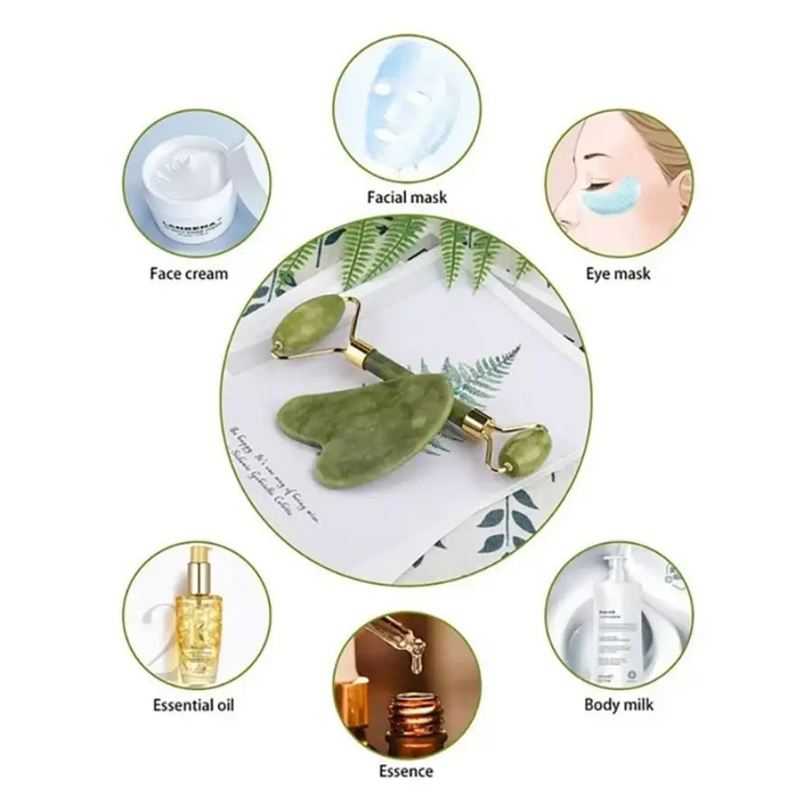 Gua Sha Tool Facial Beauty Device Body Massage Device Facial Roller Exquisite Skincare Scraping Sheet Combination Set Green
