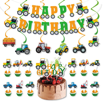 Farm Green Tractor Supplies Tractor Balloons Banner Hanging Swirl Cupcake Toppers Tractor Farm Themed Birthday Party Decorations