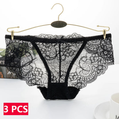 3PCS Hollow Out See Through Underpants Comfortable Briefs Sexy Ladies Lace Transparent Panties Low-Rise Lingerie