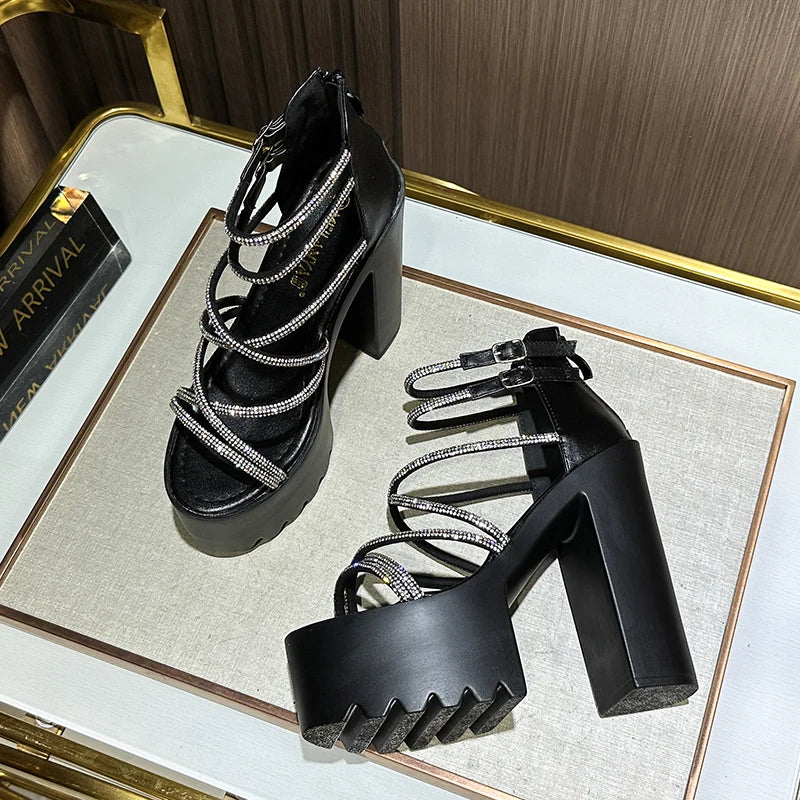 Car Model Catwalk Banquet Performance Women's Shoes 16 Cm Waterproof Pole Dance Crystal 15CM High Heel Chunky Sandals