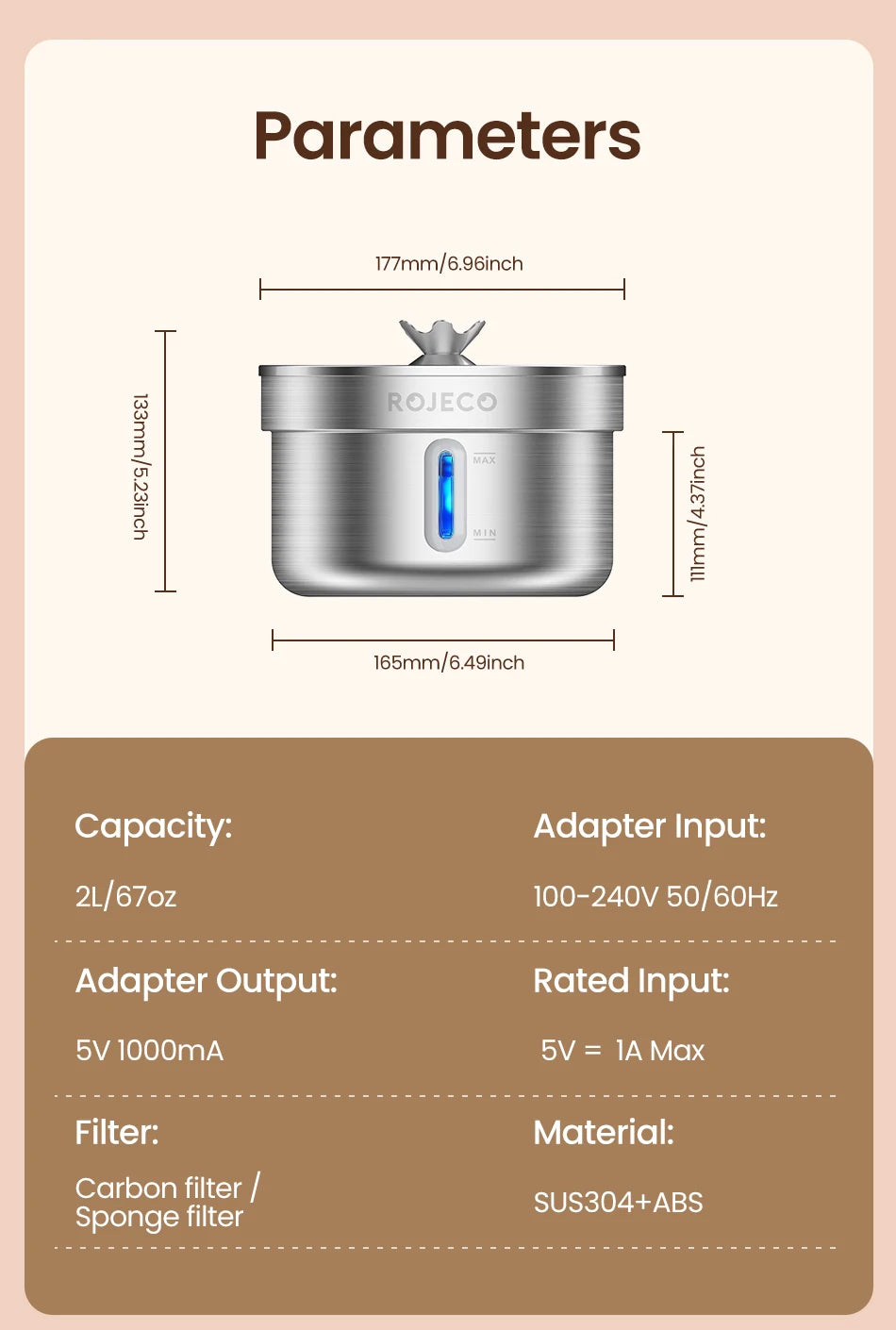 ROJECO Stainless Steel Pet Water Fountain Automatic Cat Drinking Fountain for Pet Dogs Drinker Rechargeable Pet Water Purifier