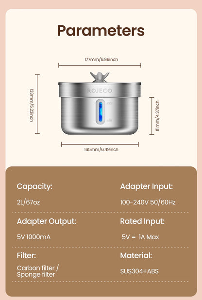 ROJECO Stainless Steel Pet Water Fountain Automatic Cat Drinking Fountain for Pet Dogs Drinker Rechargeable Pet Water Purifier