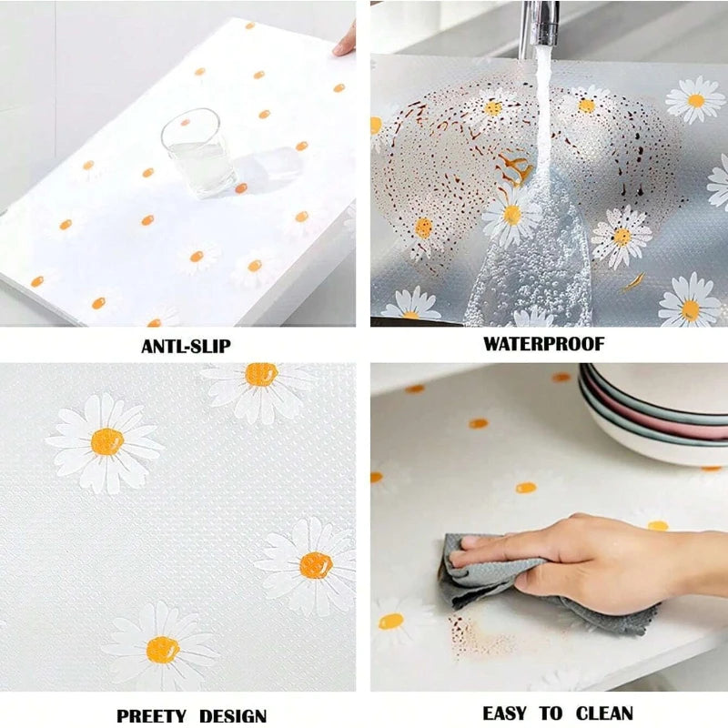 1 Roll Daisy Shelf Liner For Kitchen Cabinets EVA Waterproof Fridge Pad Cupboard Mat Easy Placemats Non-Adhesive Drawer Liner