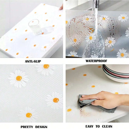 1 Roll Daisy Shelf Liner For Kitchen Cabinets EVA Waterproof Fridge Pad Cupboard Mat Easy Placemats Non-Adhesive Drawer Liner