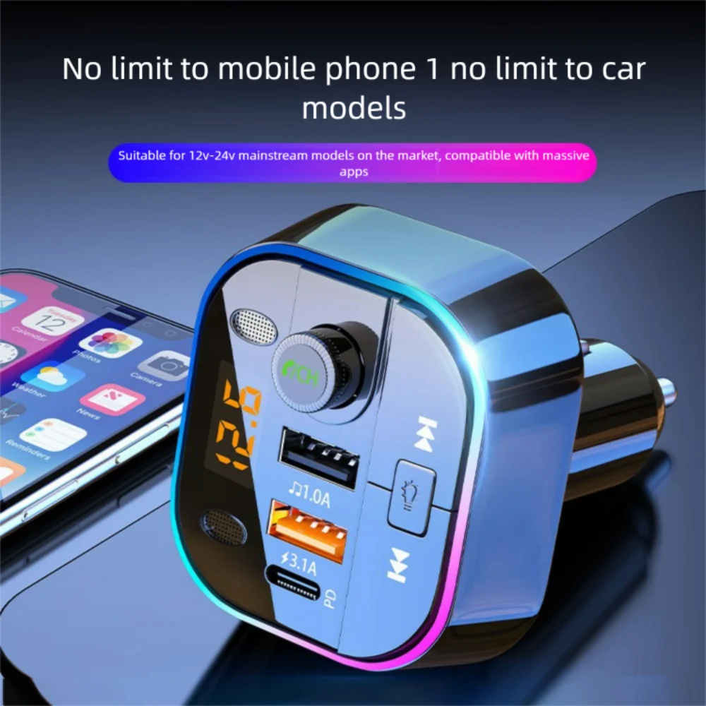 Bluetooth 5.0 Car FM Transmitter Car Bluetooth Receiver Ambient Hands-Free Mp3 Player Dual USB Fast Charger 5.0 Audio Adapter