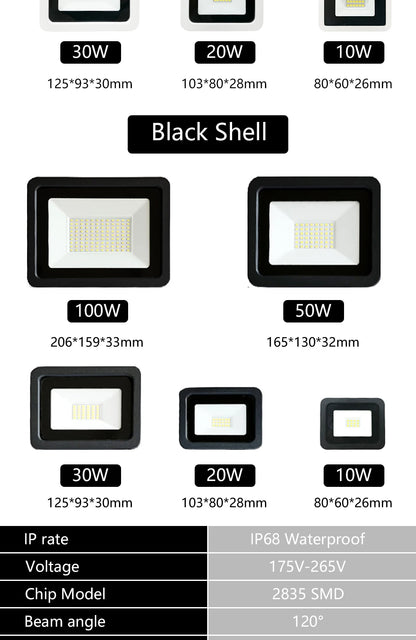 LED Flood Light AC220V 10W 20W 30W 50W 100W IP68 Waterproof Outdoor Garden Projector Lighting Refletor Spotlight Wall Floodlight