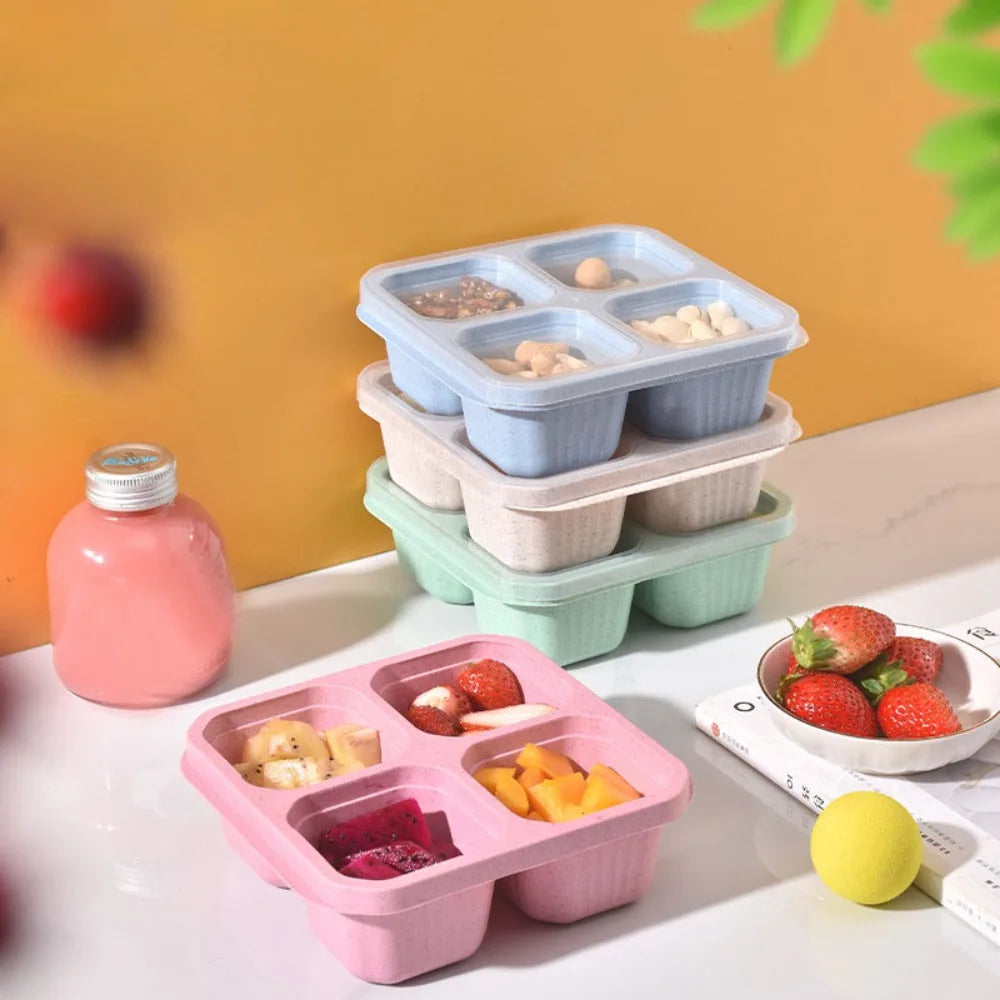 Reusable 4 Compartments Lunch Box Snack Dim Sum Nut Candy Box with Cover Wheat Straw Four Grid Snack Containers Meal Prep