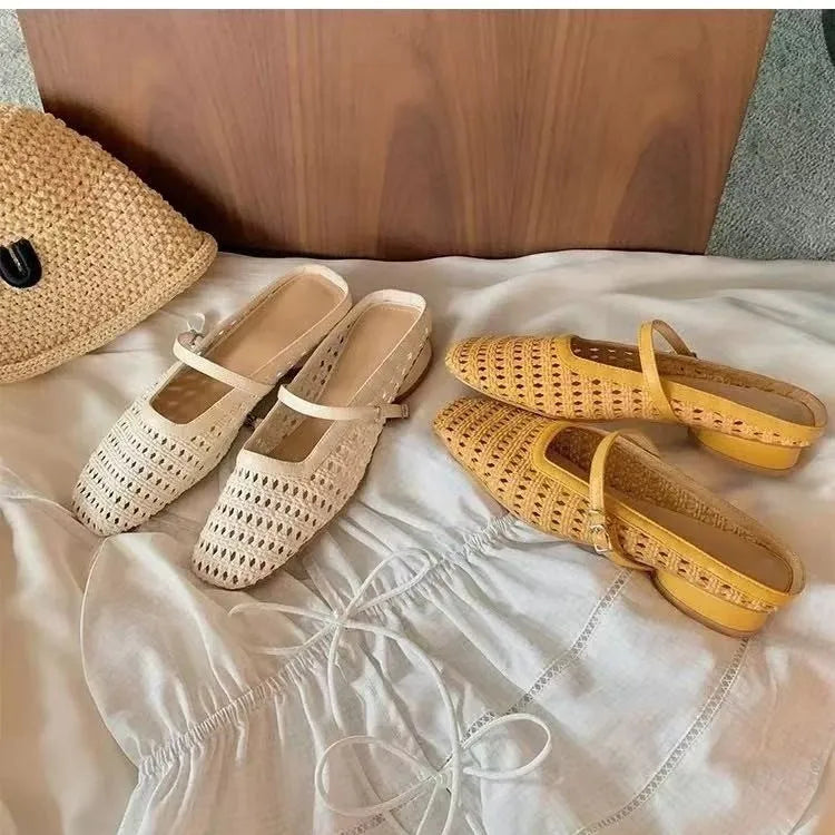 Fashionable slippers, women's hollow toe half-slippers, 2025 summer new square-toed low-heel comfortable women's shoes