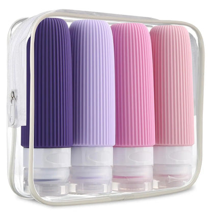Travel essential bottle set, portable leak-proof silicone squeeze storage bag, containing transparent shampoo, conditioner, body